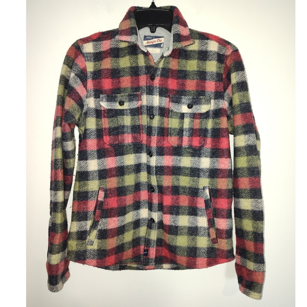 Johnnie-O Hangin Out Gilroy Fleece Shirt Jacket Mens 14 Plaid Malibu Red